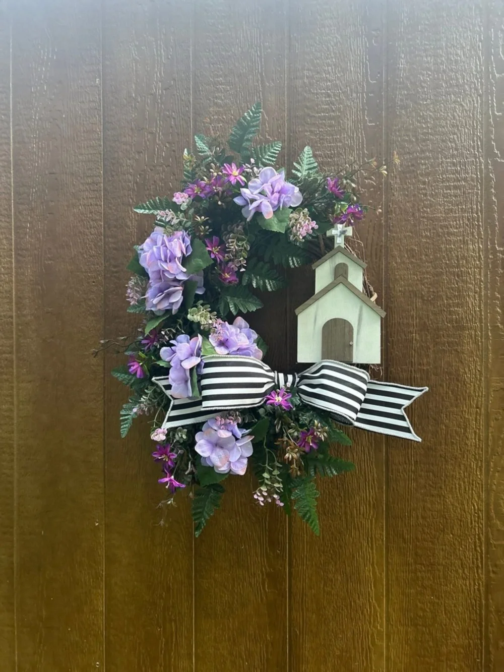 Handmade Lavender Floral Wreath with Striped Bow and Chapel Accent